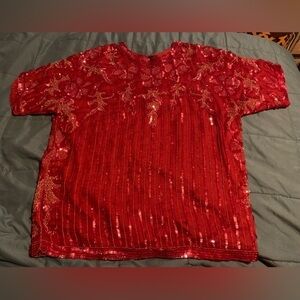 Vintage Carolyne Barton small sequin and hand beaded elegant evening blouse, red
